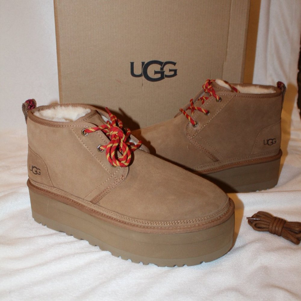 NIB UGG WOMEN'S HERITAGE PLATFORM‎ SUEDE SHEARLING LINED ANKLE BOOTS CHESTNUT